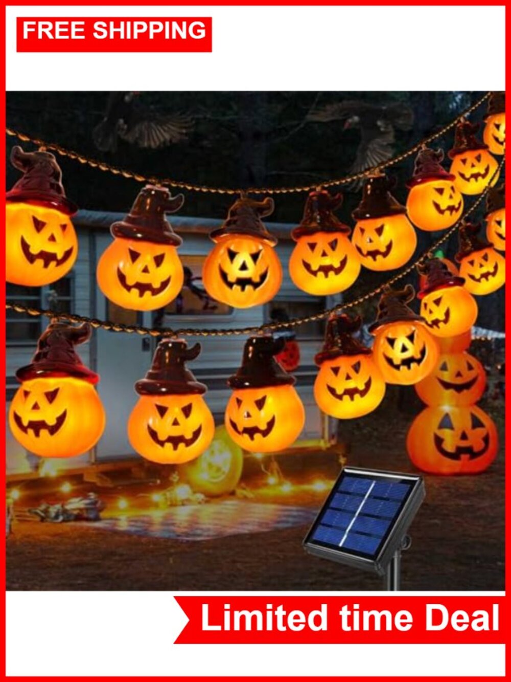 Solar Pumpkin String Lights, Halloween Decor Outside, 20 LED, Waterproof